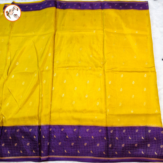 Yellow Viscose Soft Silk Saree with Purple checks border