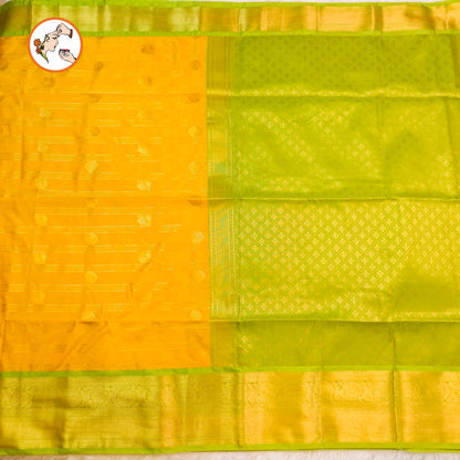 Yellow with Parrot Green Horizontal line Peacock Butta Kanchipuram Soft Silk Saree