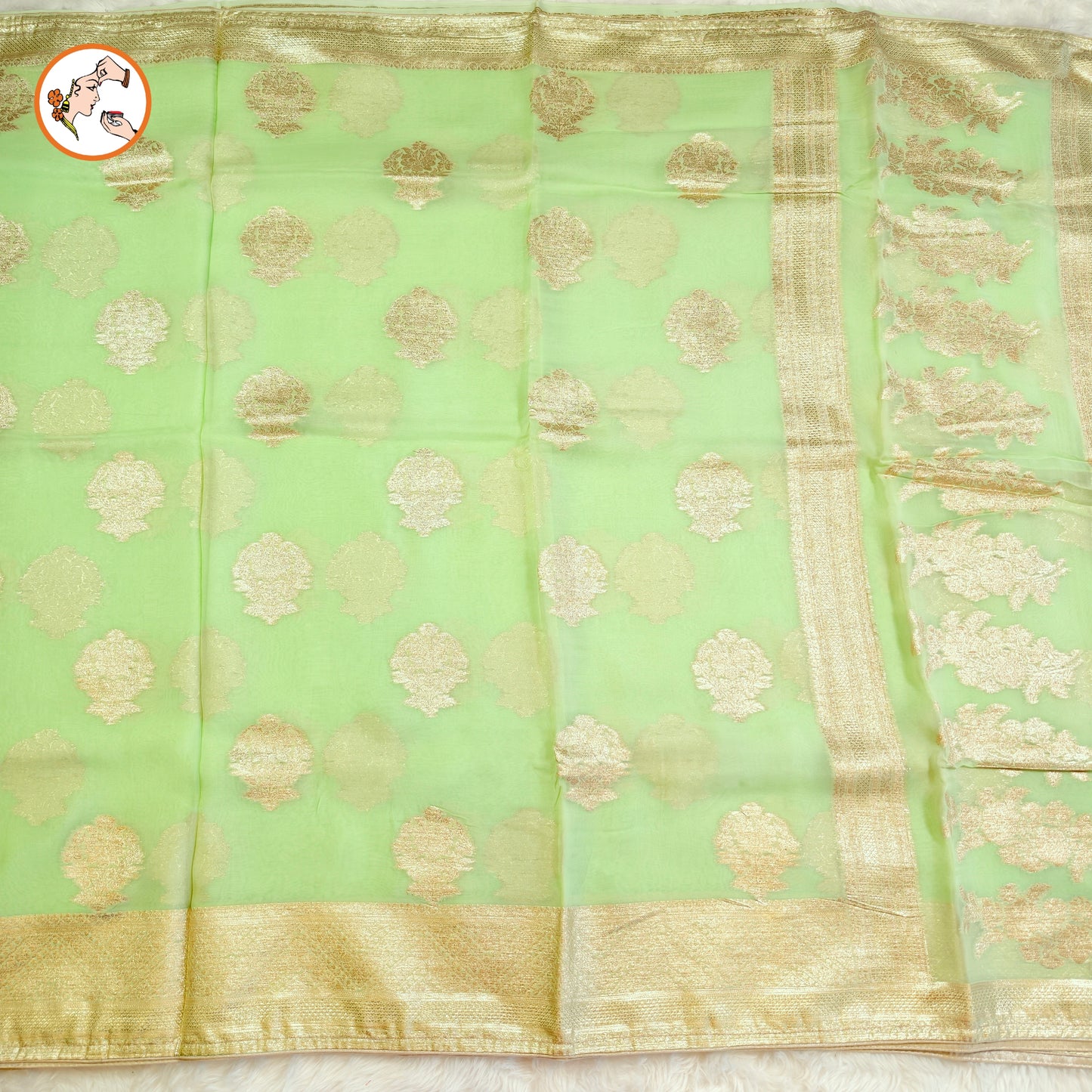 Light Green Pure Organza Designer Saree with contrast Dark Green blouse