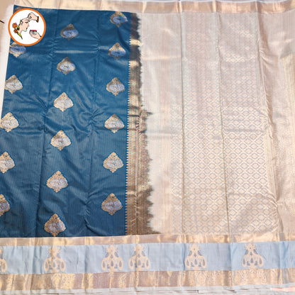 Teal Blue Peacock border Vairoosi stripes Kanchipuram Semi Silk Saree