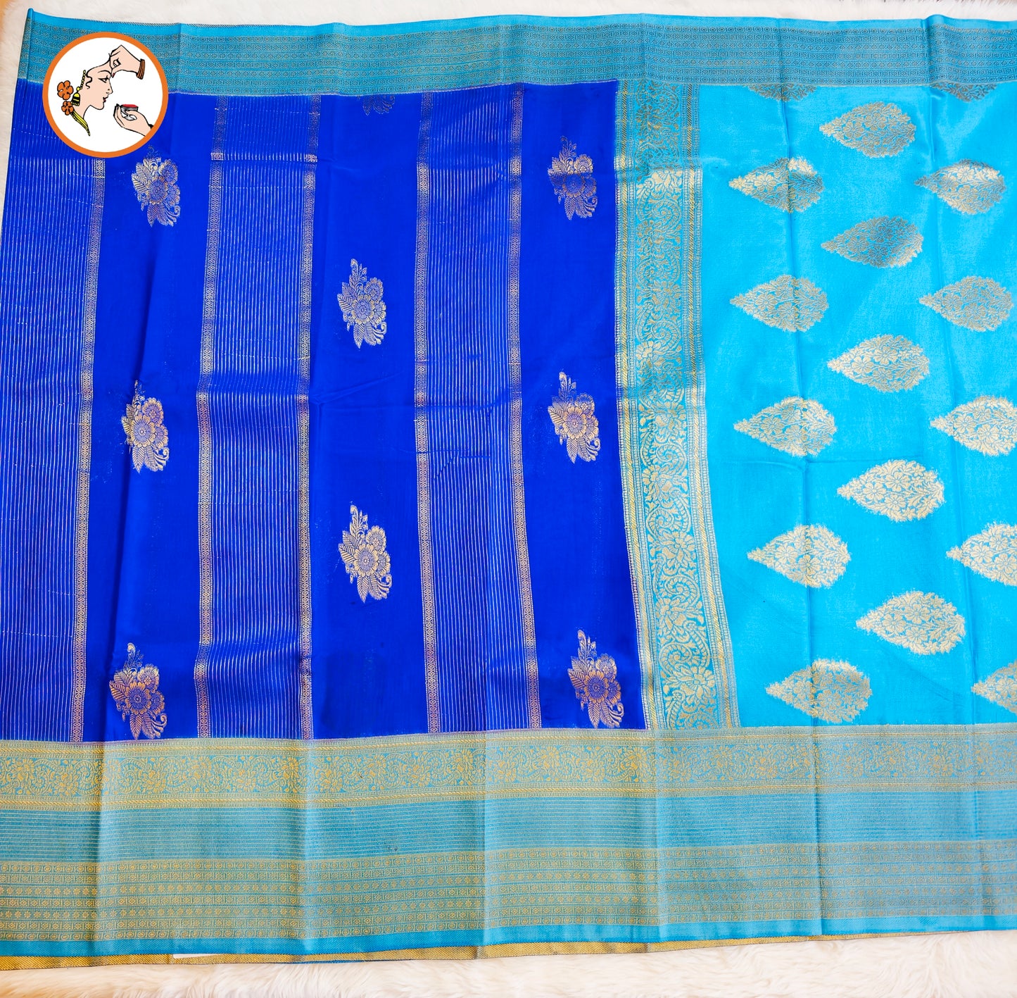 Royal Blue with Sky Blue border Fancy Georgette Saree