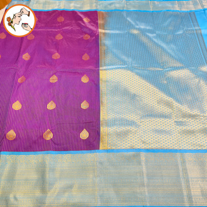 Purple with Sky Blue border Gold zari vertical stripes & teardrop motif Kanchipuram Semi Silk Saree