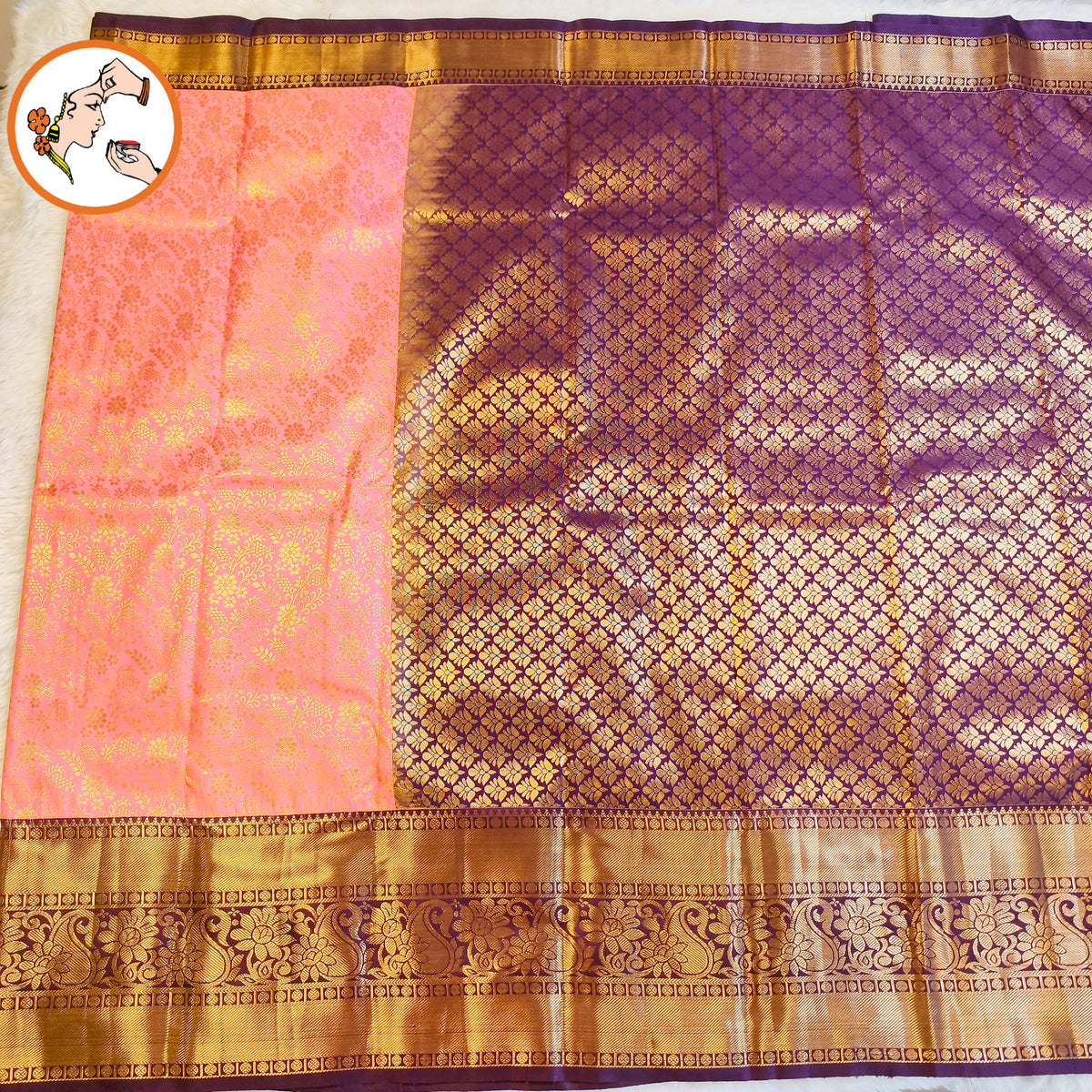 Baby pink & Purple border with intricate Gold zari workTraditional Kanchipuram Mix Silk Saree