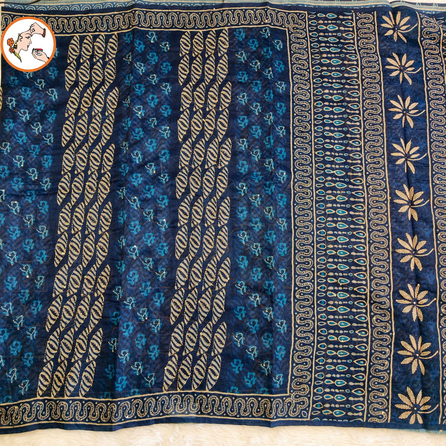 Indigo Blue Chanderi Kantha Embroidary Cotton Casual Saree