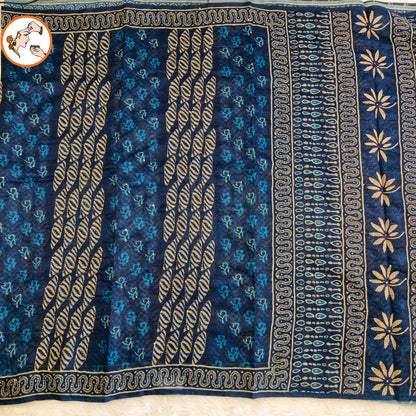 Indigo Blue Chanderi Kantha Embroidary Cotton Casual Saree
