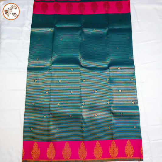 Peacock Blue & Pink Semi Silk Saree with horizontal stripes & fancy border