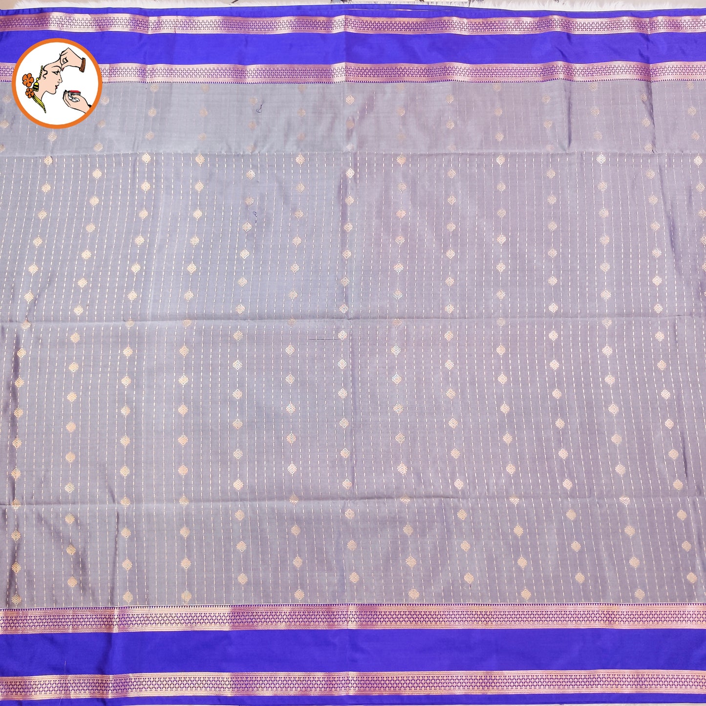 Greyish Blue with Blue Raindrop design Retta Petta border Semi Soft Silk Saree