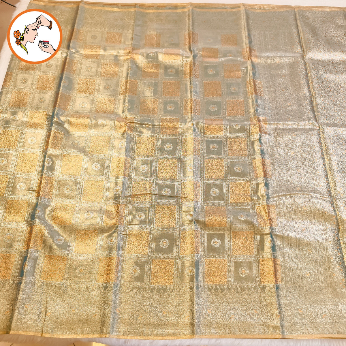 Pastel Blue checkered pattern Kanchipuram Bridal High Tissue Silk Saree