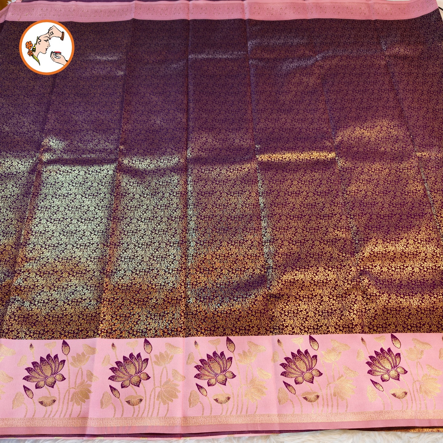 Purple with Baby Pink Lotus border Fancy Semi Silk Saree