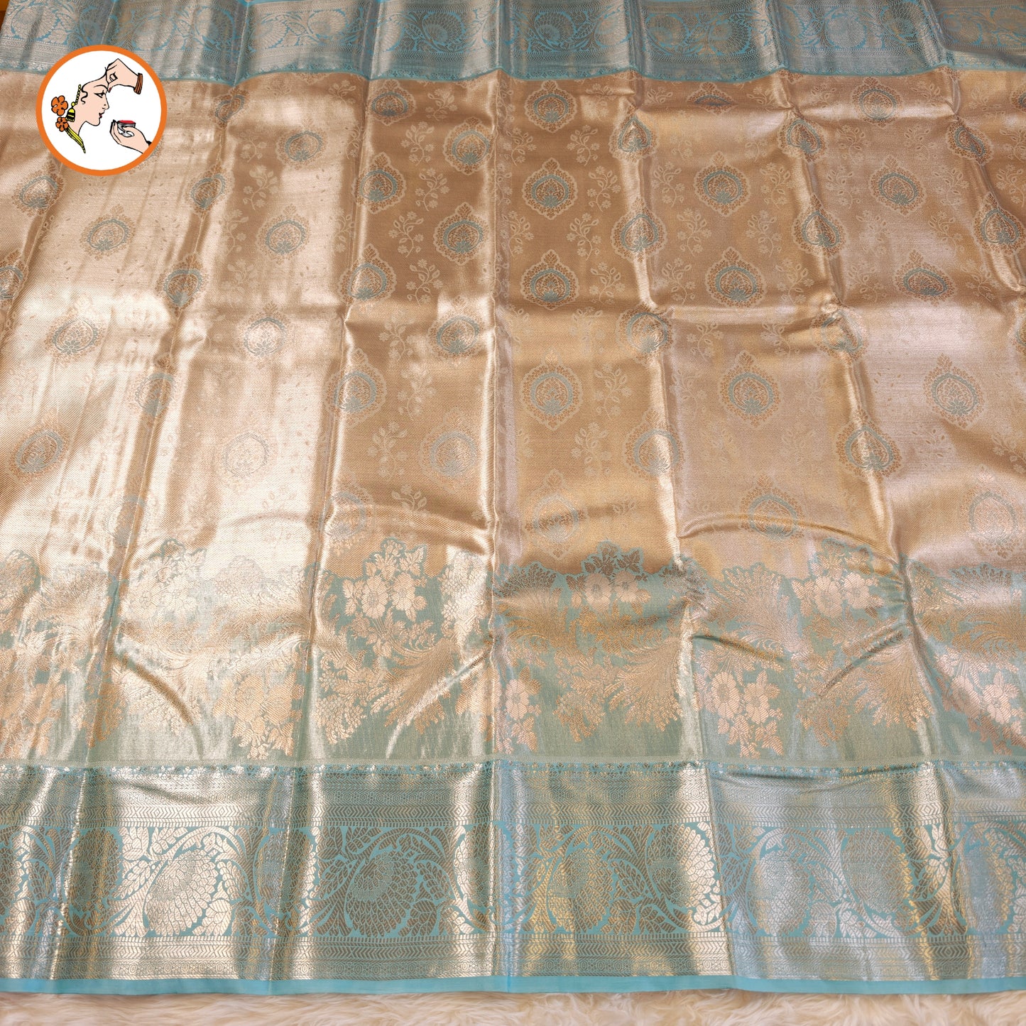 Silver with Sky Blue border Kanchipuram Tissue Silk Saree