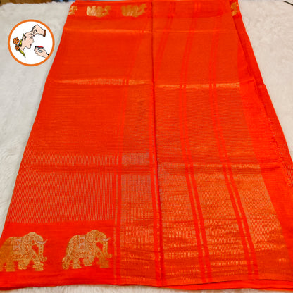 Orange Podikattam elephant border soft viscose Fancy Silk Saree