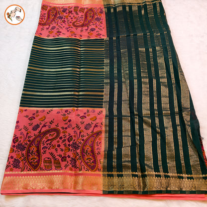 Dark Green & Peach designer semi Mysore Silk Saree