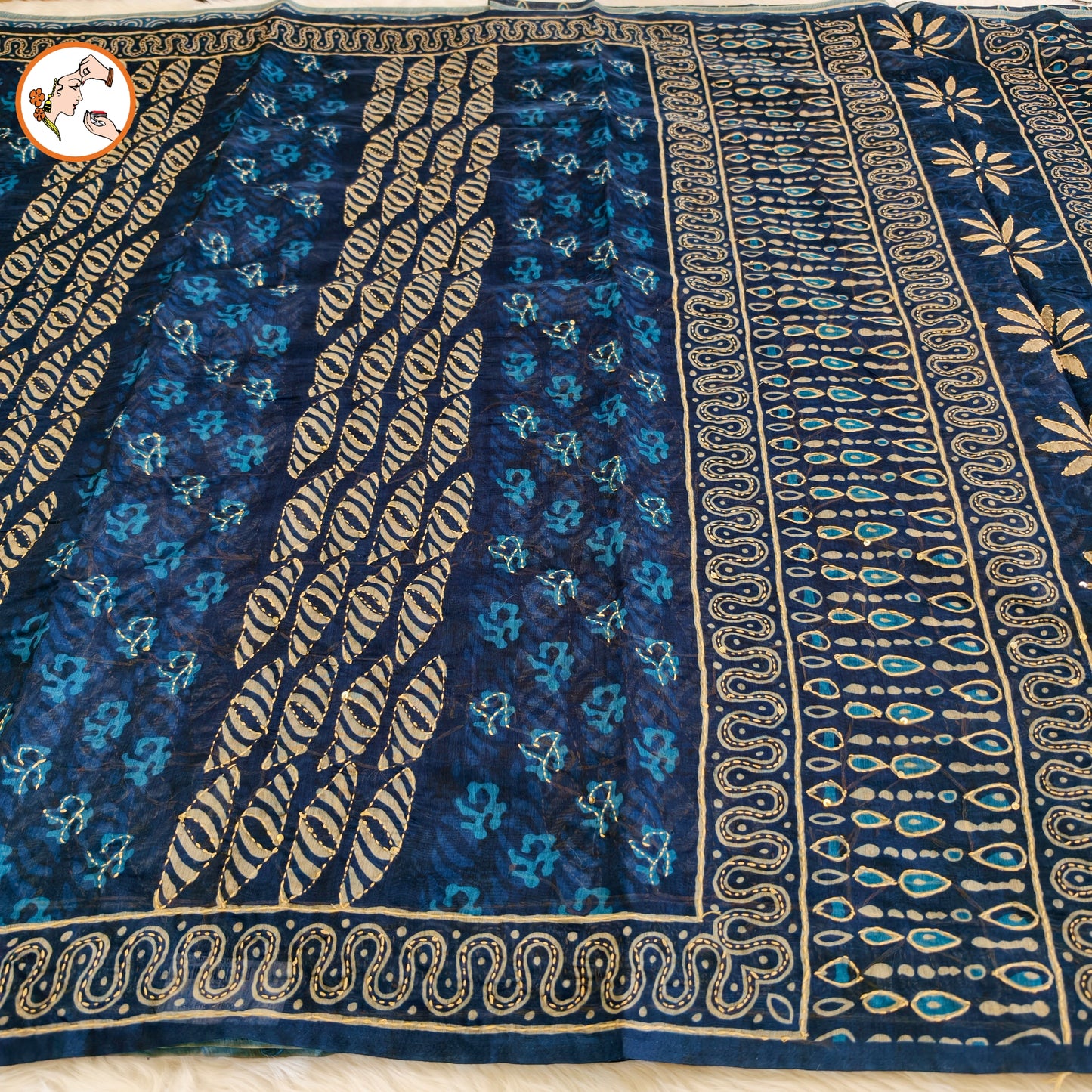 Indigo Blue Chanderi Kantha Embroidary Cotton Casual Saree