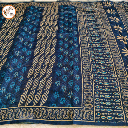 Indigo Blue Chanderi Kantha Embroidary Cotton Casual Saree