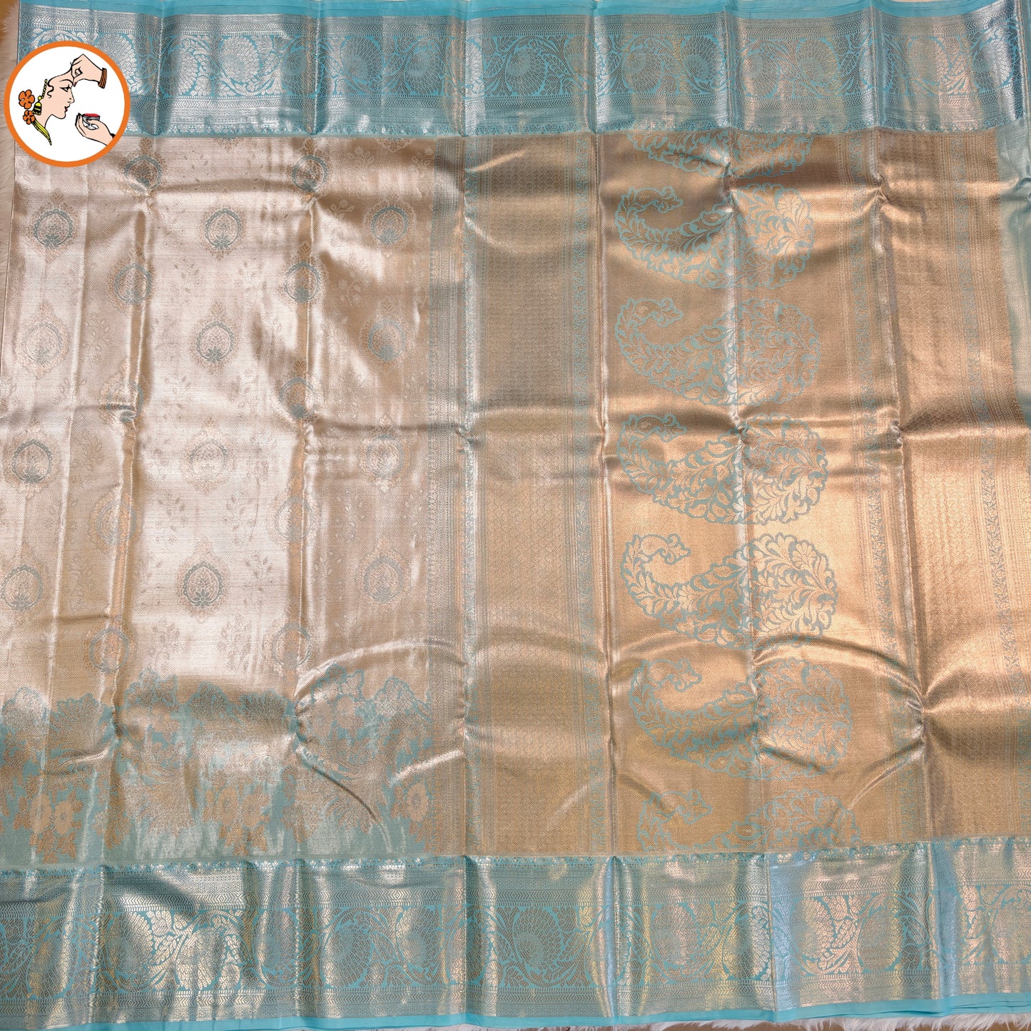 Silver with Sky Blue border Kanchipuram Tissue Silk Saree