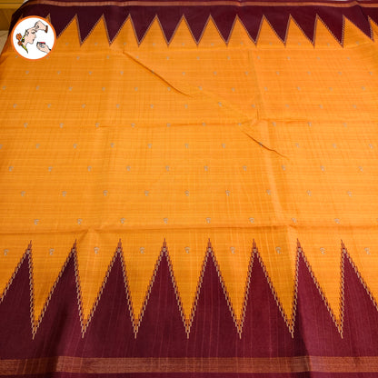 Orange with Maroon temple border Dola Silk Casual Saree