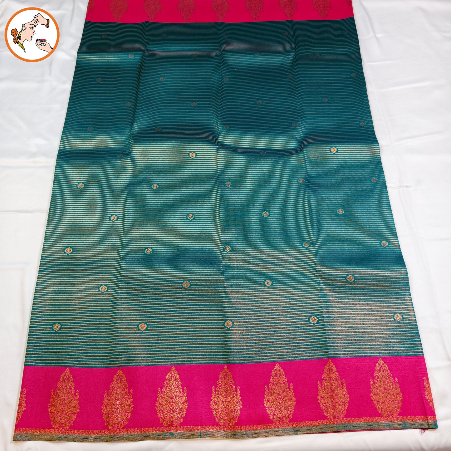 Peacock Blue & Pink Semi Silk Saree with horizontal stripes & fancy border