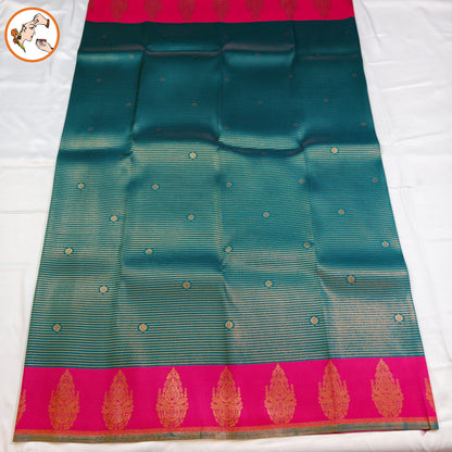 Peacock Blue & Pink Semi Silk Saree with horizontal stripes & fancy border