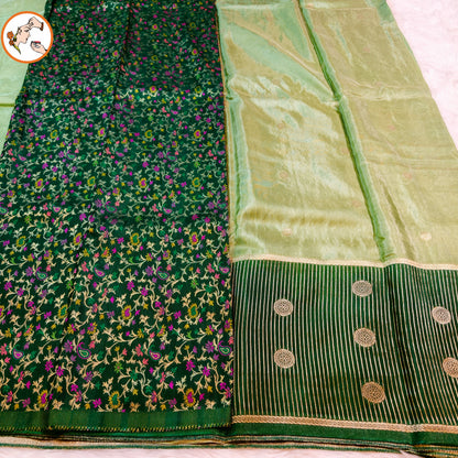 Light Green Fancy Soft Silk Saree with Dark Green vertical stripes border