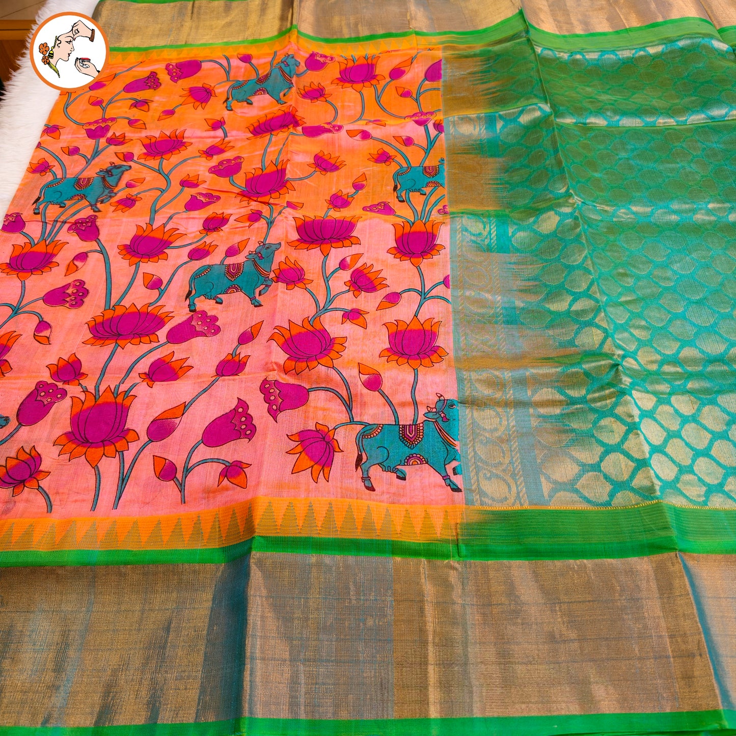 Peach Pink with Sea Green Pure Silk Cotton Saree with beautiful Kalamkari print