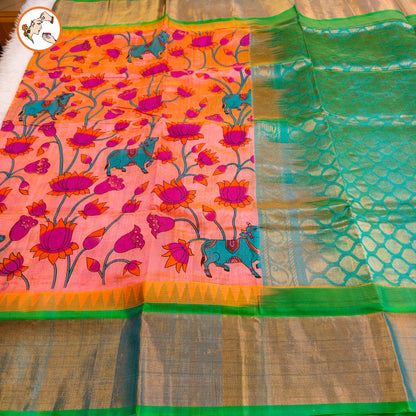 Peach Pink with Sea Green Pure Silk Cotton Saree with beautiful Kalamkari print