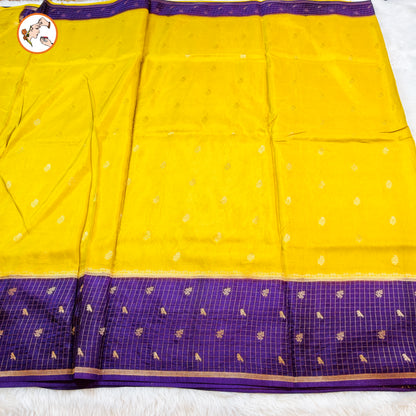 Yellow Viscose Soft Silk Saree with Purple checks border