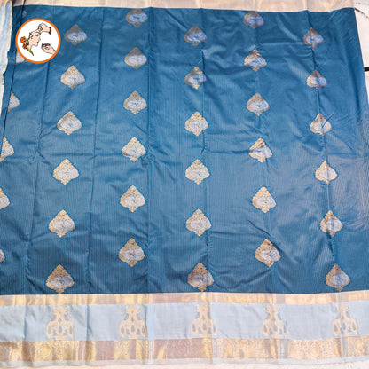 Teal Blue Peacock border Vairoosi stripes Kanchipuram Semi Silk Saree