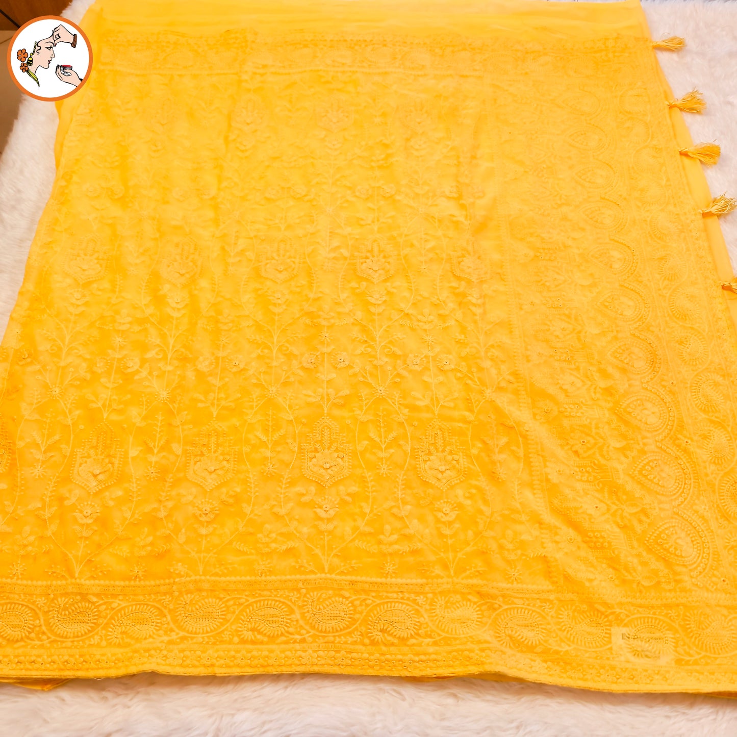Yellow Lucknowi Chikankari Embriodery Pure Chiffon Partywear Saree