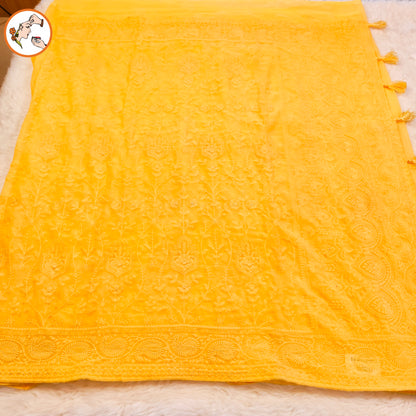 Yellow Lucknowi Chikankari Embriodery Pure Chiffon Partywear Saree