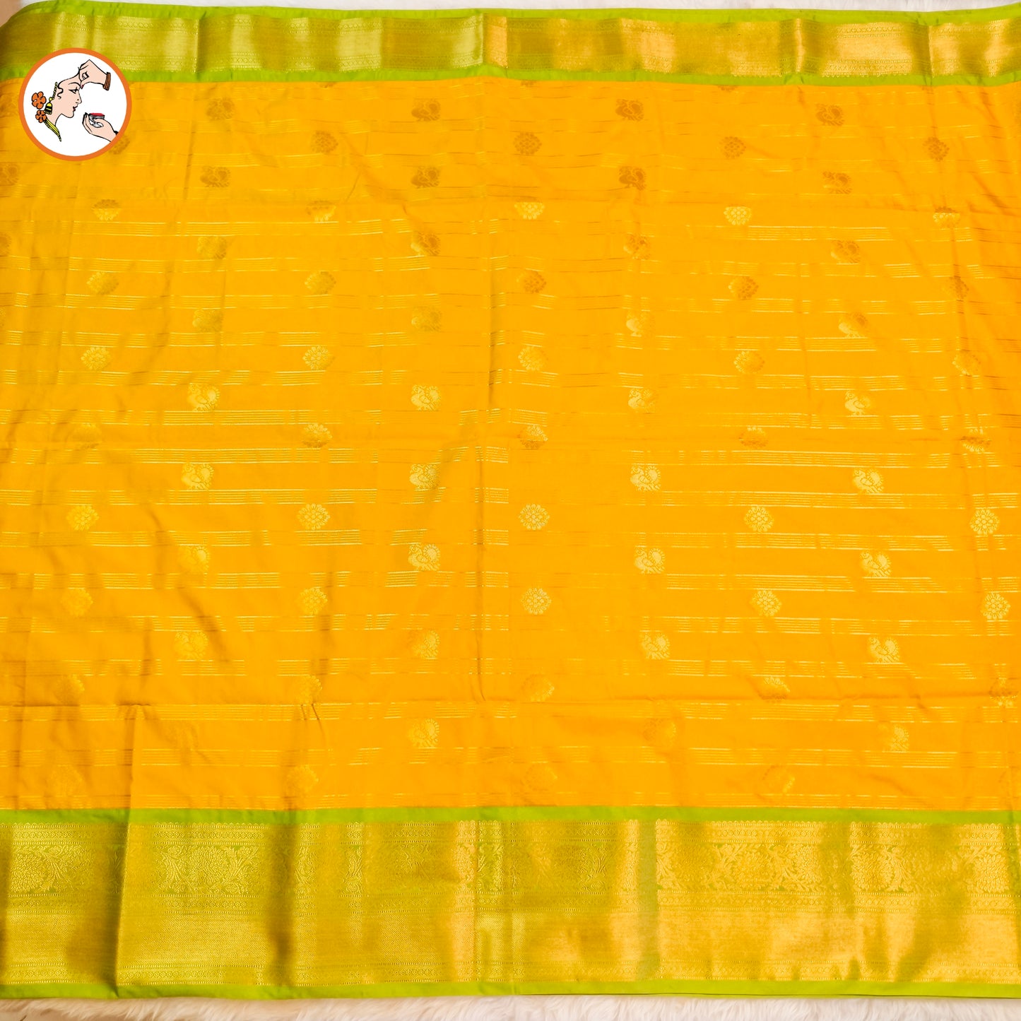 Yellow with Parrot Green Horizontal line Peacock Butta Kanchipuram Soft Silk Saree