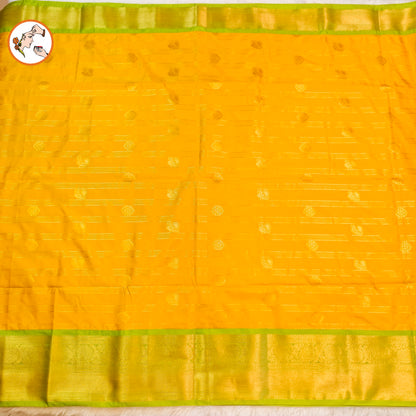Yellow with Parrot Green Horizontal line Peacock Butta Kanchipuram Soft Silk Saree