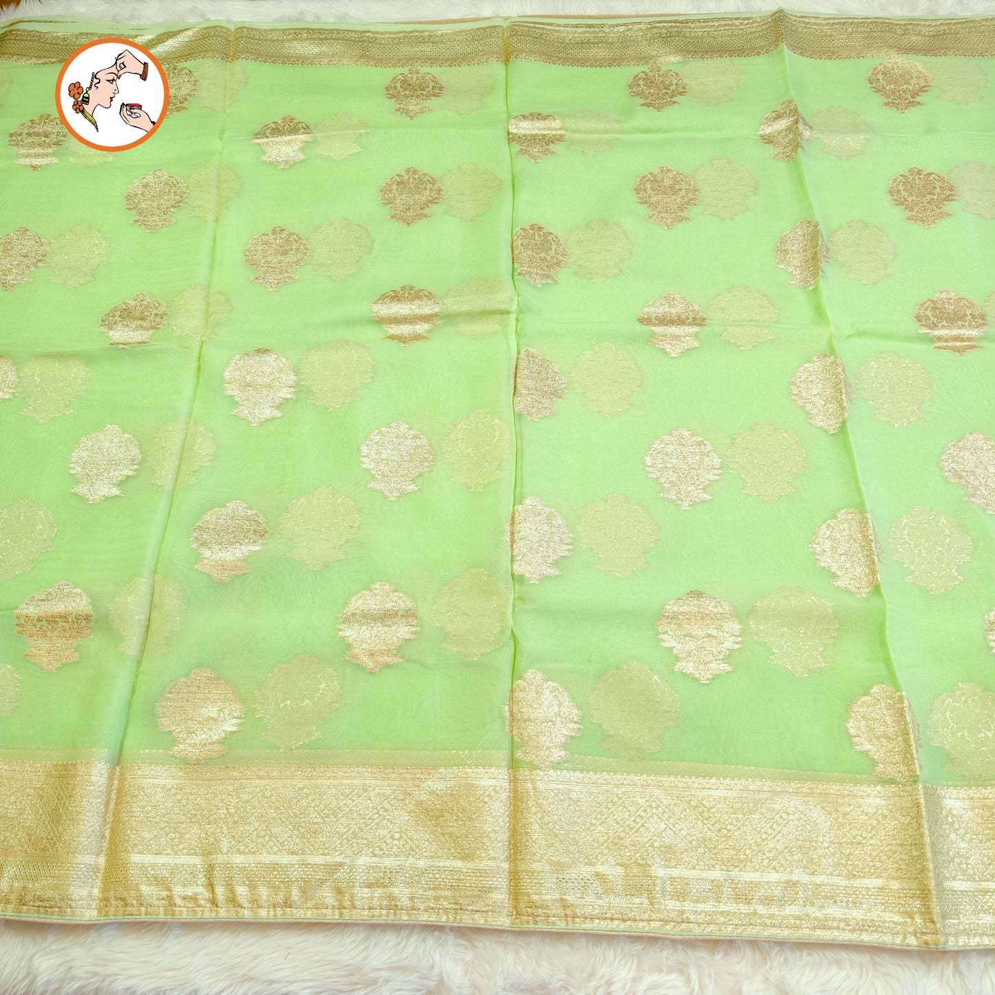 Light Green Pure Organza Designer Saree with contrast Dark Green blouse