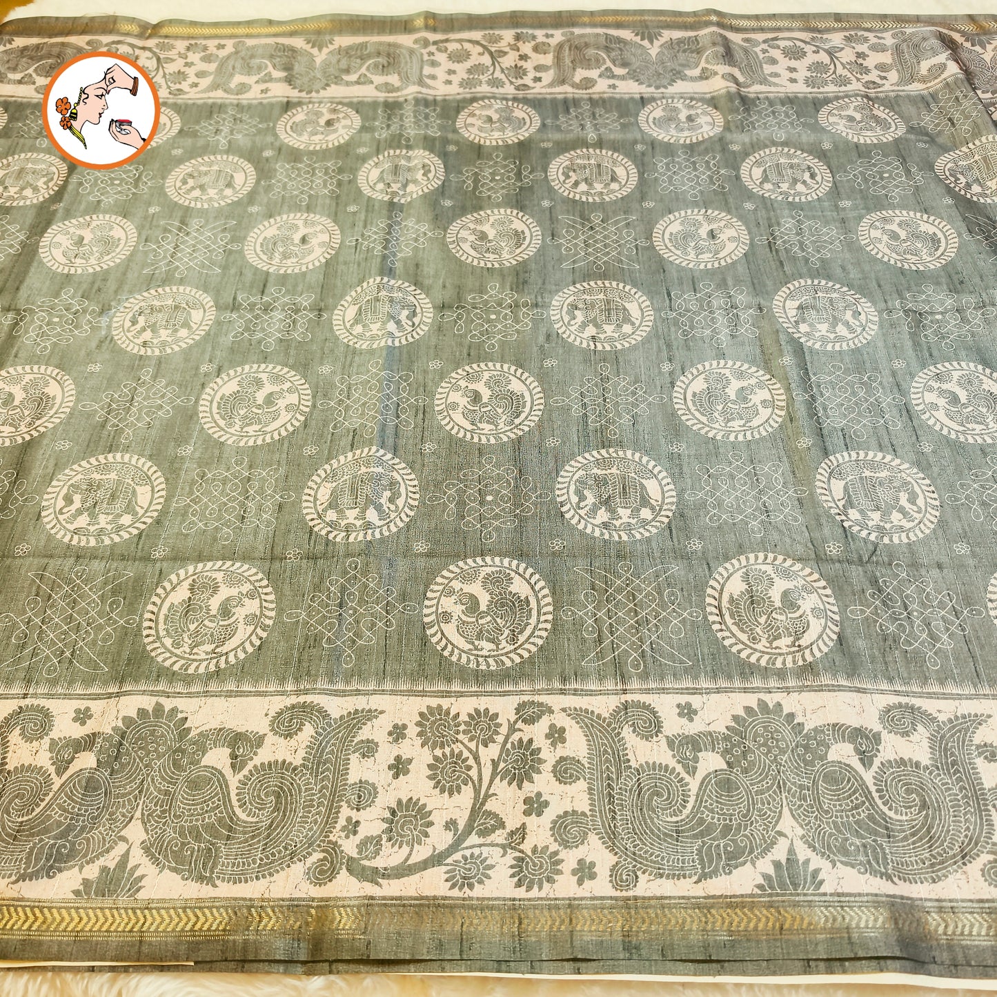 Pastel Green Kalamkari Tussar Silk Saree with Kolam & Elephant Peacock butta
