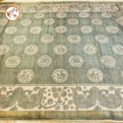 Pastel Green Kalamkari Tussar Silk Saree with Kolam & Elephant Peacock butta
