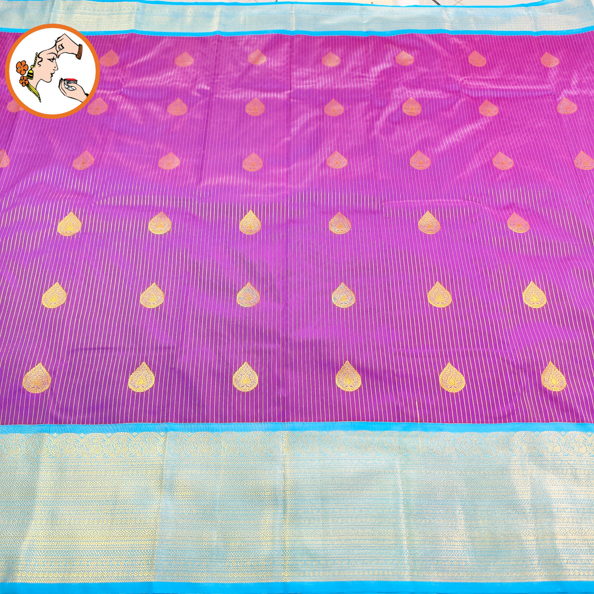 Purple with Sky Blue border Gold zari vertical stripes & teardrop motif Kanchipuram Semi Silk Saree
