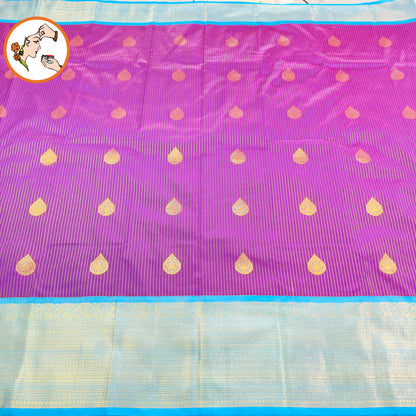 Purple with Sky Blue border Gold zari vertical stripes & teardrop motif Kanchipuram Semi Silk Saree
