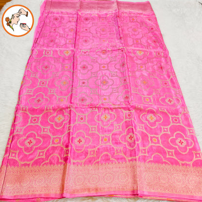 Lotus Pink Gold zari work Bridal Pure Russian Satin Silk Saree