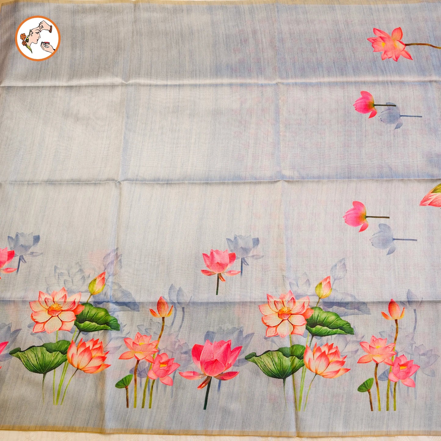 Bluish Grey Lotus Floral Theme Tussar Silk Saree Vivahasilks
