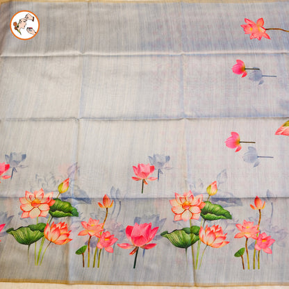 Bluish Grey Lotus Floral Theme Tussar Silk Saree Vivahasilks