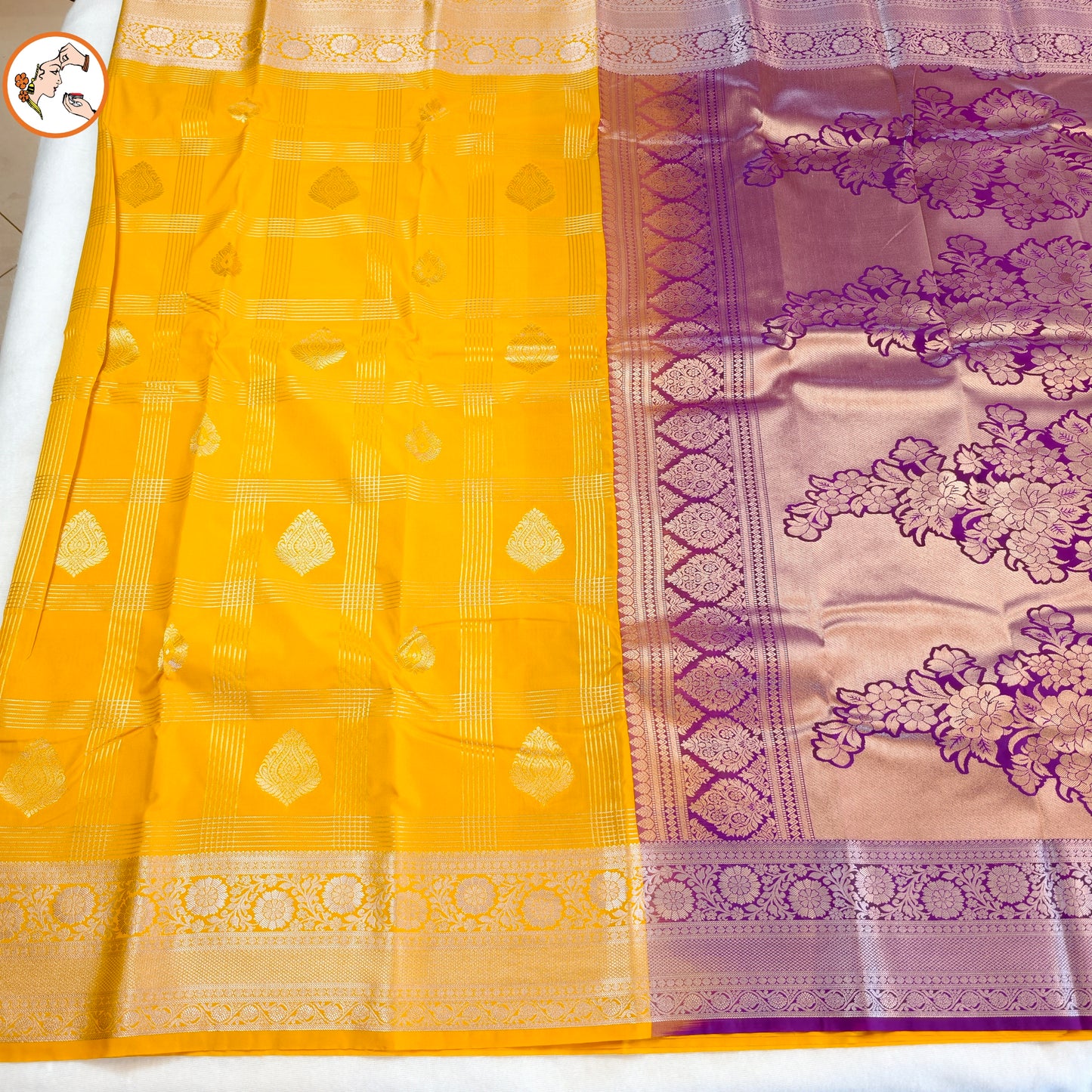 Yellow Traditional check kanchipuram Semi Silk with Purple blouse