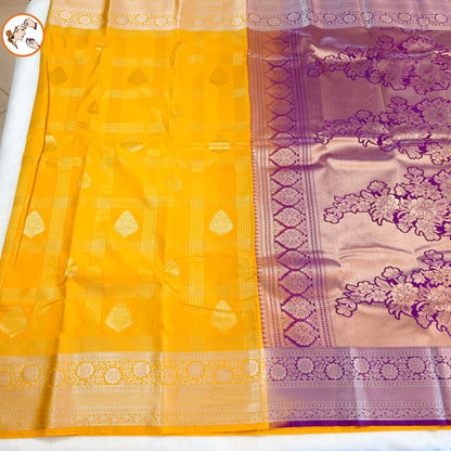 Yellow Traditional check kanchipuram Semi Silk with Purple blouse