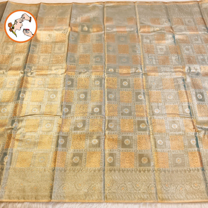 Pastel Blue checkered pattern Kanchipuram Bridal High Tissue Silk Saree