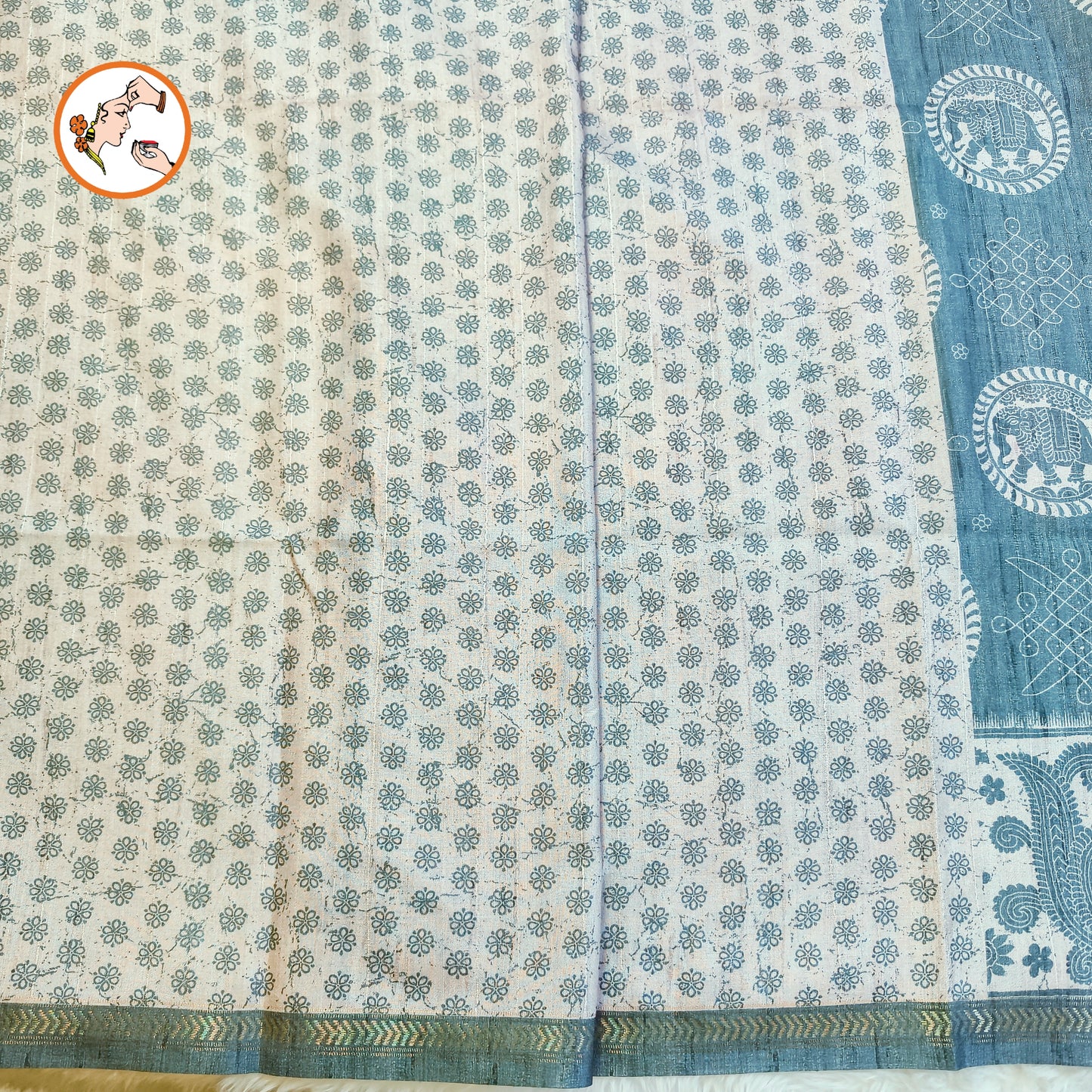 Pastel Green Kalamkari Tussar Silk Saree with Kolam & Elephant Peacock butta