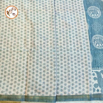 Pastel Green Kalamkari Tussar Silk Saree with Kolam & Elephant Peacock butta