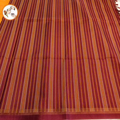 Orange with Maroon temple border Dola Silk Casual Saree