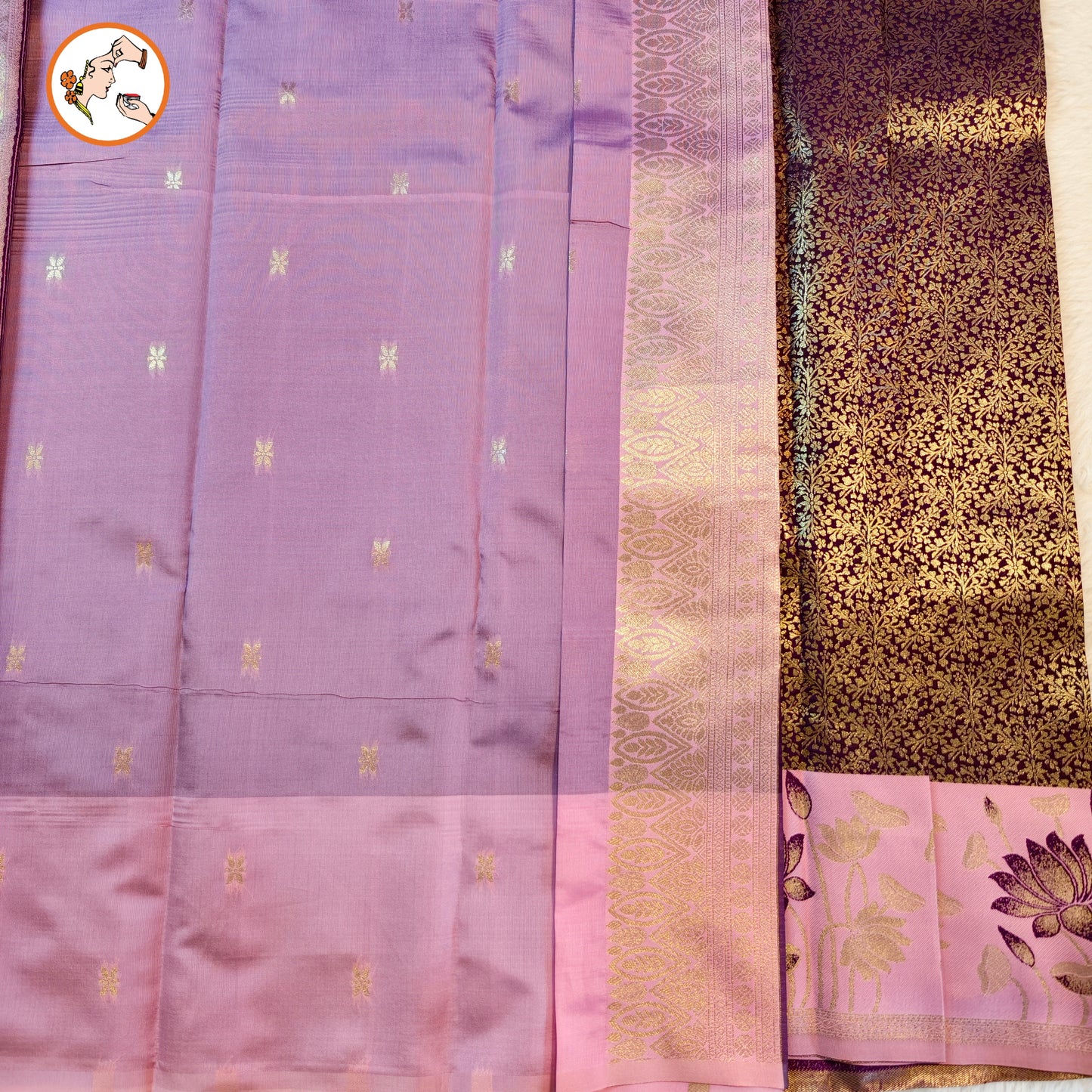 Purple with Baby Pink Lotus border Fancy Semi Silk Saree
