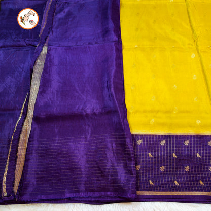 Yellow Viscose Soft Silk Saree with Purple checks border