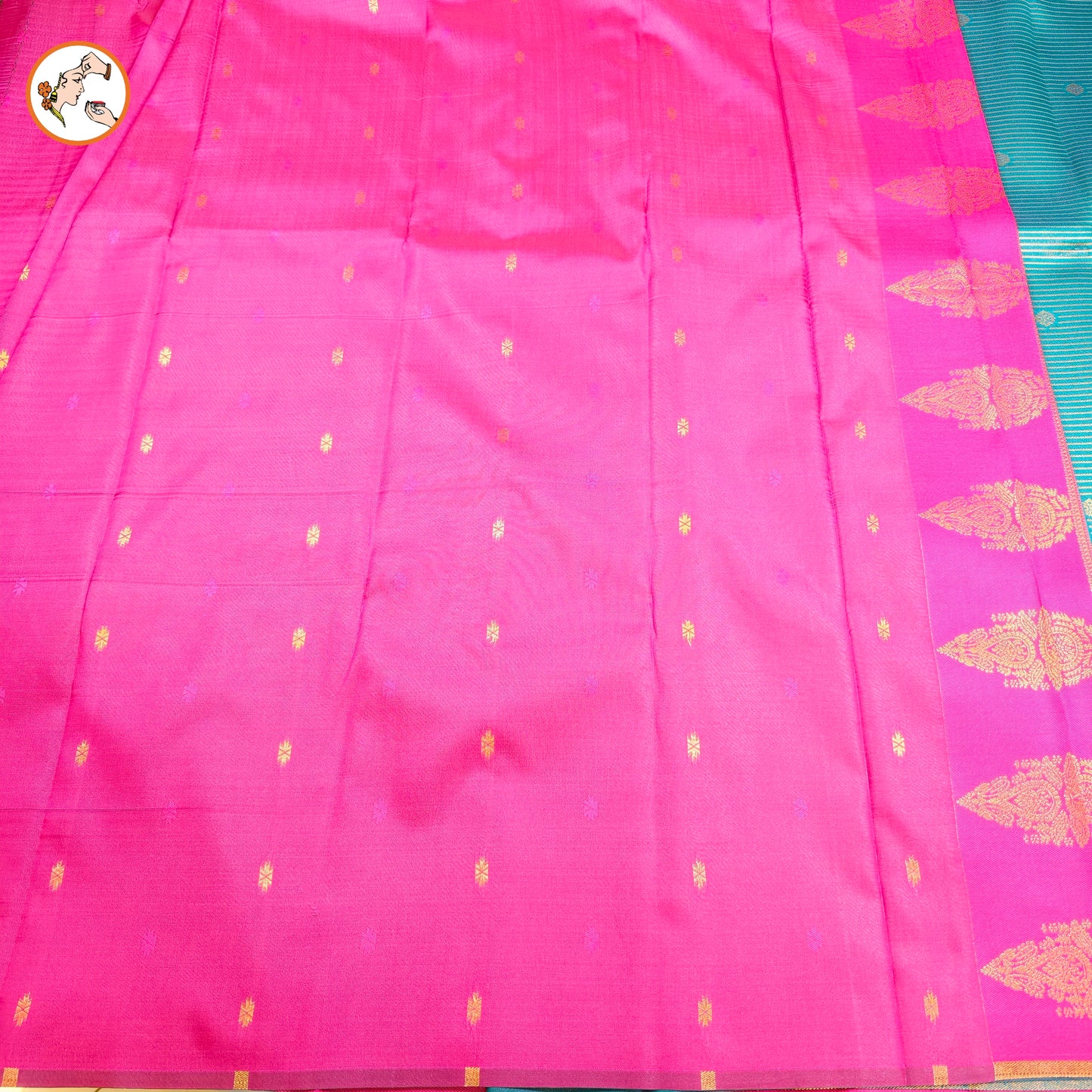 Peacock Blue & Pink Semi Silk Saree with horizontal stripes & fancy border