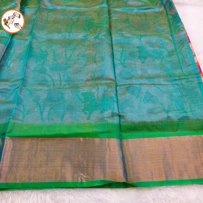 Peach Pink with Sea Green Pure Silk Cotton Saree with beautiful Kalamkari print