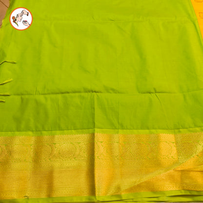Yellow with Parrot Green Horizontal line Peacock Butta Kanchipuram Soft Silk Saree